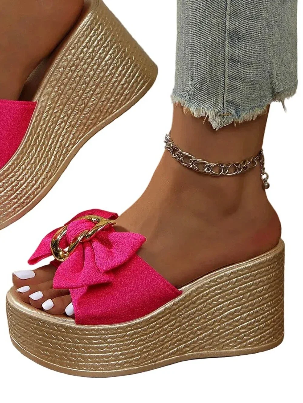 Gold Chain Oversized Bow Platform Open Toe Shoe Slip On Coquette Sandal Hot Pink